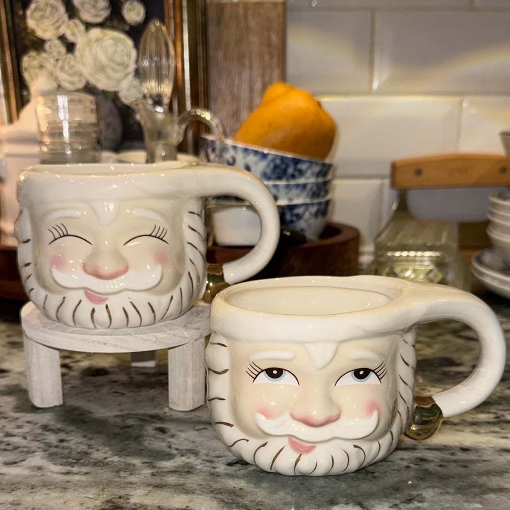 Santa Face Ceramic Mugs - Cream and Pink